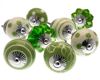 Ceramic Cupboard Knobs Hand Painted Green and White Drawer Pull sSet of 8