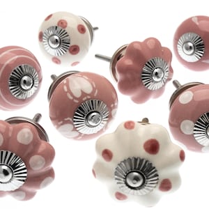 Roze keramische ladeknoppen - polkadot, gestreept, bloemen - dressoirgrepen, kastbeslag
