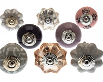 Beautiful Glass and Ceramic Cupboard Door Knob Set of 8 in Neutral Shades of Antique Pinks, Purples and Soft Grey Designs