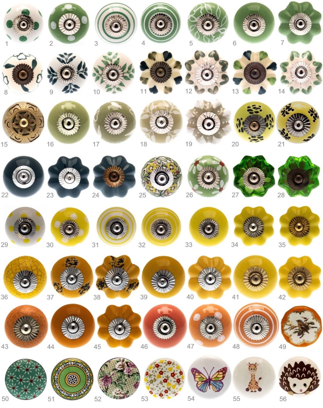 Door Knobs Greens, Yellows, Oranges, Hand Painted Ceramic Designs