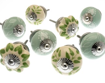 Ceramic Cupboard Door Knobs Hand Painted Pale Greens, White and Ivory Drawer Pulls Set of 8