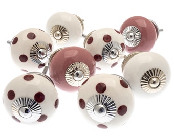 Ceramic Cupboard Knobs in Cerise and White with Hand Painted Dark Pink Dots Door Pulls - Set of 8