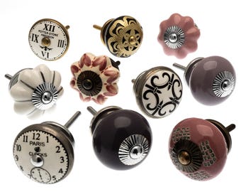 Poignées de Porte en céramique peintes à la main : encadrement vintage en or et laiton, Set de 10