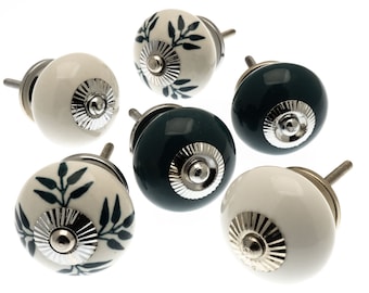 Ceramic Cupboard Cabinet Door Knobs in Black and White Designs for Kitchen Cupboards, Drawers and Dressers  (Set of 6)