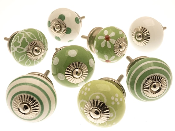 Paisley design green color ceramic Knob Handprinted Cabinet pulls Cupboards Dresser Drawers Knob Price is for 1 knob OMK006
