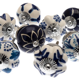 Ceramic Door Knobs in Blue and White Hand Painted Designs for Cupboards, Wardrobes and Drawers with Silver Fittings  - Set of 8