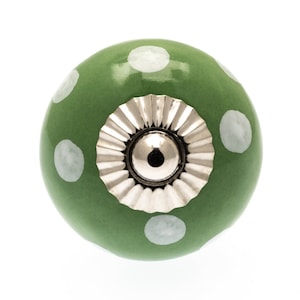 Door Knobs Greens, Yellows, Oranges, Hand Painted Ceramic Designs Cupboard Kitchen Cabinet Drawer Pulls for Cupboards, Dressers and Cabinets 2.Green white dots