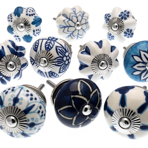 Blue Floral Ceramic Drawer Pulls - Boho Dresser Knobs, Cabinet Hardware