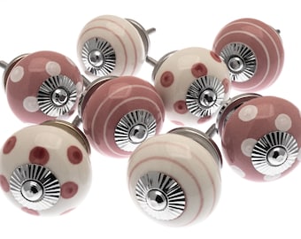 Hand Painted Ceramic Cupboard Knobs: Pink, White, Spots & Stripes - Set of 8
