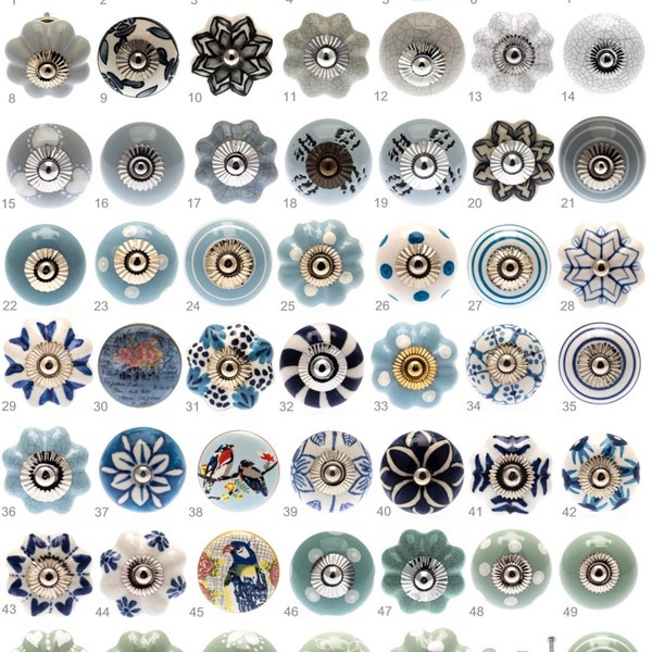 Hand Painted Ceramic Cupboard Knobs Blues, Greys, Pale Greens Vintage Style Drawer Handles (39-44mm)