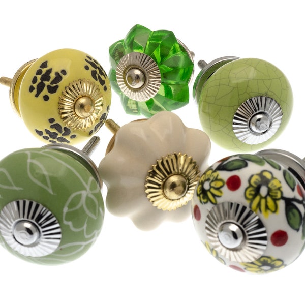 Ceramic Door Knobs in Cream, Green and Lime Distressed with Flower Designs and Green Glass - Set of 6
