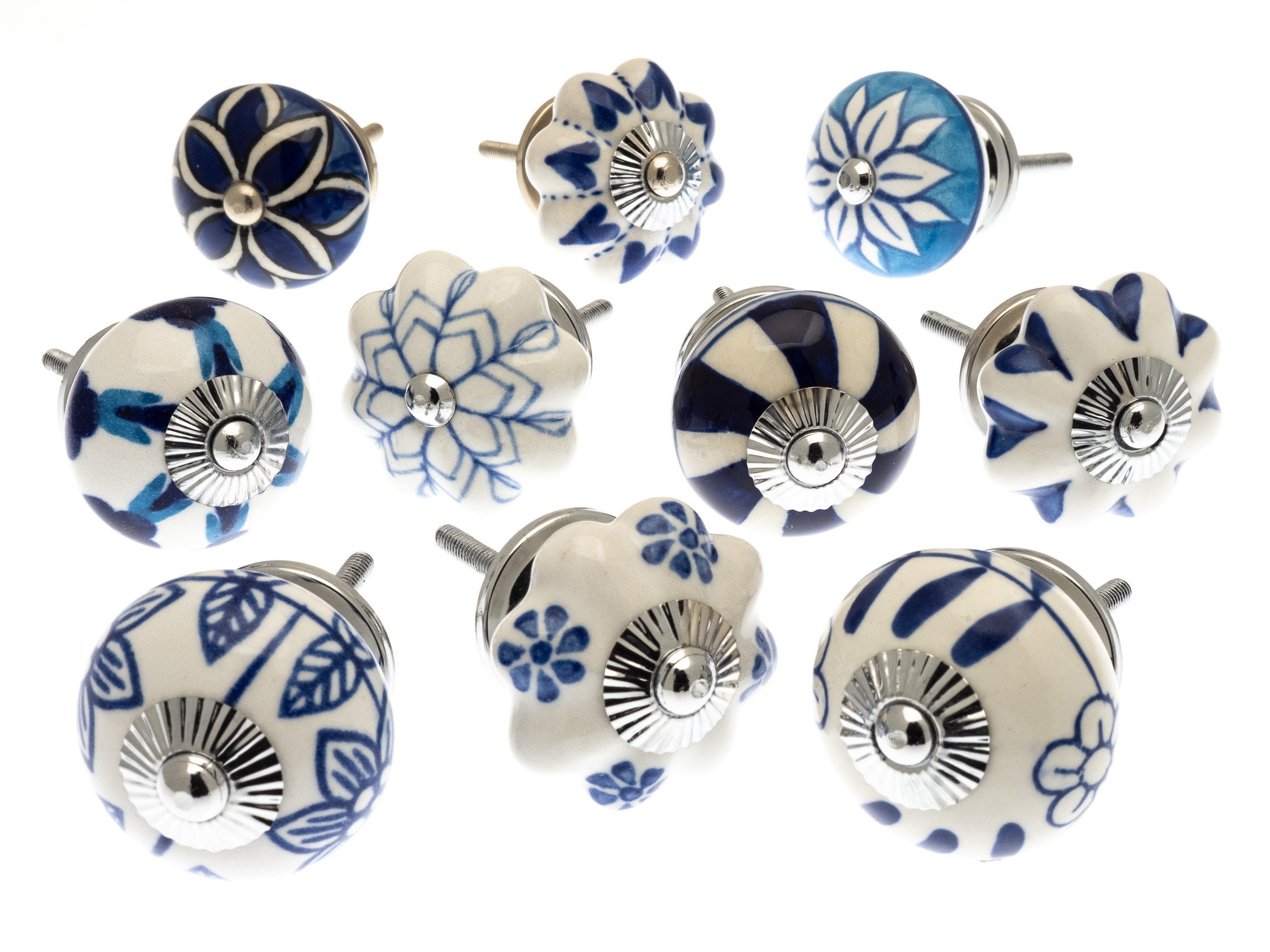 Ceramic Door Set of 25 Multi Color Handmade Cabinet Knobs Drawer Pull Handle Kitchen Door Wardrobe Hardware Dresser Blue Pottery Flower Drawers 