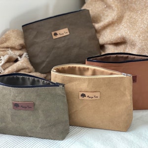 Borsa per cosmetici, borsa per il lavaggio, custodia lavabile con cerniera in carta kraft, borsa da viaggio per articoli da toeletta, eco-friendly, in pelle vegana, impermeabile, regalo sostenibile immagine 3