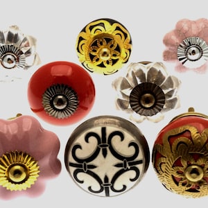 Vintage Style Ceramic Knobs: Pink, Red, Black & Gold Fretwork - Set of 8