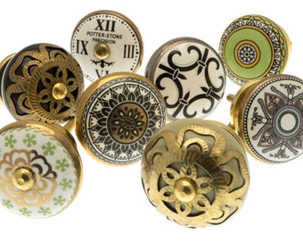 Ceramic Door Knobs Cabinet Pulls in Vintage Style Moroccan Green Black and Gold Set of 8 for Dressers, Cupboards and Drawers
