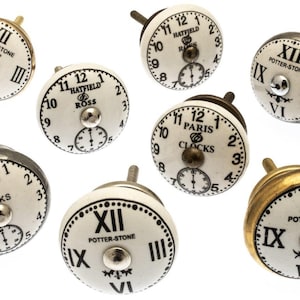 Ceramic Door Knobs - Black and White Vintage Theme with Antique Clock Labels in Gold, Silver and Plain - Set of 8