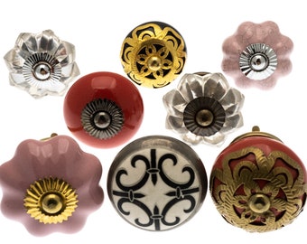 Ceramic Door Knobs in Pink, Red, Black and Gold Vintage Style with Glass and Brass Fretwork Designs Set of 8