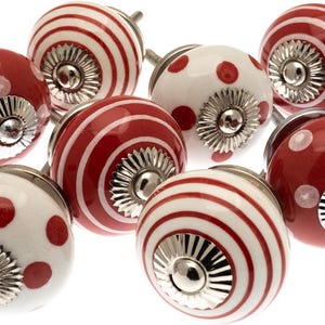 Cupboard Knobs Hand Painted Ceramic Kitchen Drawer Pull Door Handle Shabby Chic - Red and White Knobs with Spots and Stripes - Set of 8