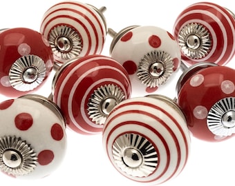 Cupboard Knobs Hand Painted Ceramic Kitchen Drawer Pull Door Handle Shabby Chic - Red and White Knobs with Spots and Stripes - Set of 8