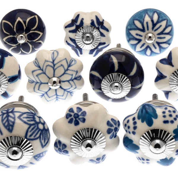 Ceramic Cupboard Door Knobs in Shades of Blue and White Hand Painted Designs Shabby Chic Drawer Pulls for cupboards and drawers (Set of 10)