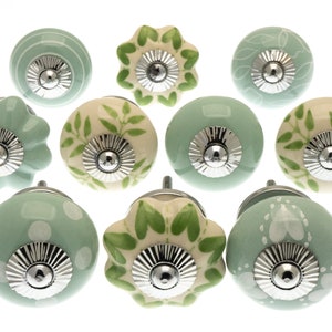 Hand Painted Ceramic Knobs: Pastel Green, White, and Ivory - Set of 10