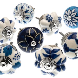 Hand Painted Ceramic Knobs: Blue & White Floral Designs, Set of 8