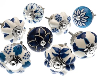 Hand Painted Ceramic Knobs: Blue & White Floral Designs, Set of 8