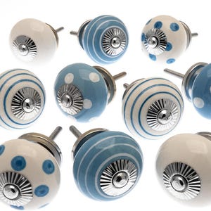 Ceramic Cabinet Knobs - Blue & White Polka Dot or Striped Dresser Pulls - Furniture Hardware