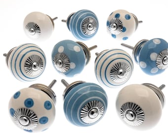 Pomelli in ceramica per mobili - Maniglie per cassettiere a pois blu e bianchi o a righe - Accessori per mobili