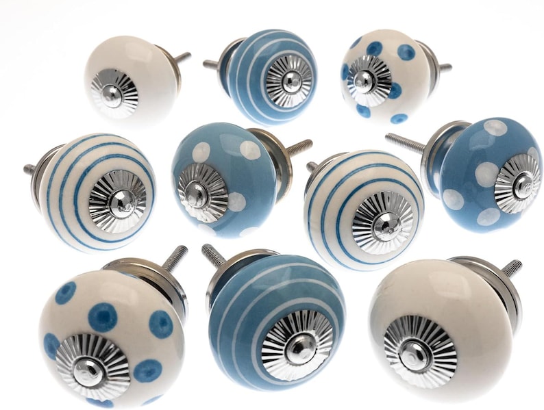 Ceramic Cabinet Knobs - Blue & White Polka Dot or Striped Dresser Pulls - Furniture Hardware image 1