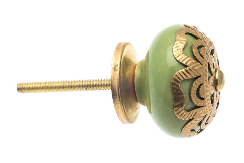 Door Knobs Greens, Yellows, Oranges, Hand Painted Ceramic Designs Cupboard Kitchen Cabinet Drawer Pulls for Cupboards, Dressers and Cabinets 15.Green brass fret