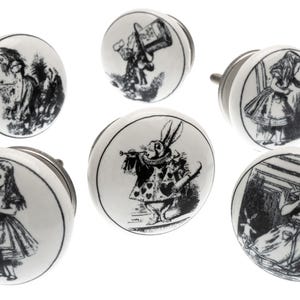 Cupboard Knobs Hand Painted Ceramic Kitchen Drawer Pull Door Handle Shabby Chic - Alice in Wonderland, Mad Hatter, Tea Party - Set of 6
