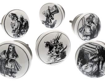 Kastknoppen Handgeschilderde keramische keukenladedeurkruk Shabby Chic - Alice in Wonderland, Mad Hatter, Tea Party - Set van 6