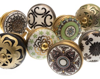 Keramische deurknoppen kabinet trekt in vintage stijl Marokkaanse groen zwart en goud set van 8 voor dressoirs, kasten en laden