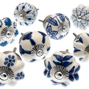 Ceramic Door Knobs Dark Blue and Turquoise Gold and Silver Fittings  - Set of 8