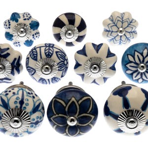 Shabby Chic Ceramic Knobs: Blue & White Hand-Painted Drawer Pulls (Set of 10)