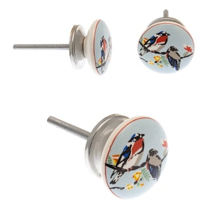 Door Knobs Grey, Blue, Turquoise and Eau de Nil Ceramic Vintage Birds Various Hand Painted Designs Cupboard Kitchen Cabinet Drawer Pulls 38. birds on blue