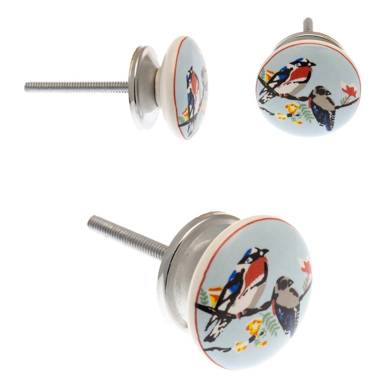 Door Knobs Grey, Blue, Turquoise and Eau de Nil Ceramic Vintage Birds Various Hand Painted Designs Cupboard Kitchen Cabinet Drawer Pulls 38. birds on blue