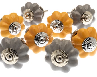 Ceramic Cupboard Door Knobs in Saffron Yellow and Slate Grey Flower Shape Knobs  (Set of 8)