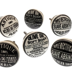 Vintage Label Ceramic Knobs - Black and White - Set of 6