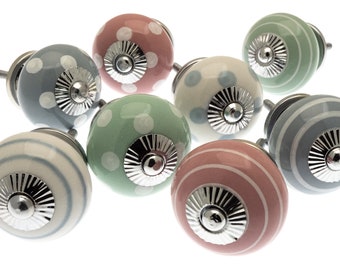 Ceramic Door Knobs Hand Painted Set of 8 Pastel Pinks, Greys and Eau de Nil Greens