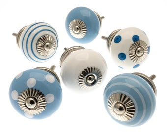 Ceramic Door Knobs - Hand Painted Blue and White with Dots and Stripes - Set of 6 Cupboard Drawer Cabinet Knob Handles