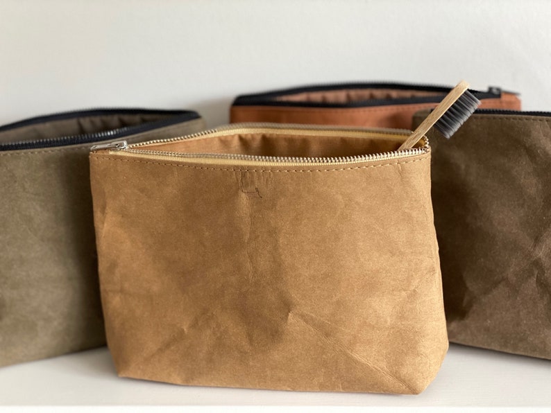 Borsa per cosmetici, borsa per il lavaggio, custodia lavabile con cerniera in carta kraft, borsa da viaggio per articoli da toeletta, eco-friendly, in pelle vegana, impermeabile, regalo sostenibile immagine 10