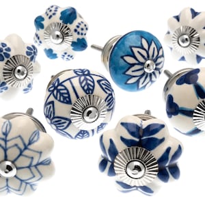 Ceramic Cabinet Knobs: Light Blue Turquoise Floral Pulls, Set of 8