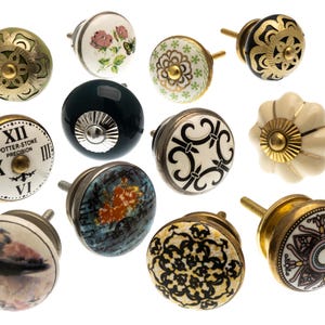 Hand Painted Ceramic & Glass Door Knobs - Antique Bronze Fittings - Set of 12