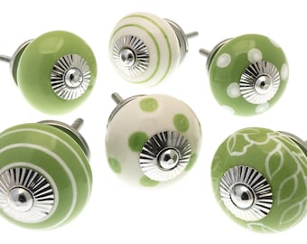 Ceramic Cupboard Door Knobs Hand Painted Green Shades (Set of 6)