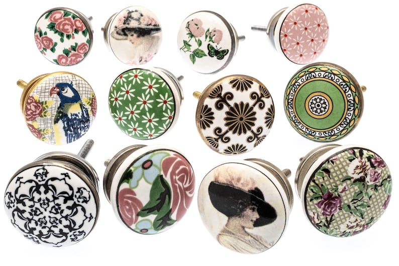 Ceramic Cupboard Door Knobs Shabby Chic Floral Variety Set of 12 image 1