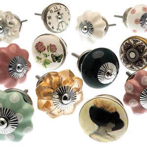 Boutons de porte de placard en céramique et verre roses et verts, fleurs délicates et motifs imprimés - Lot de 12