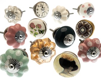 Ceramic and Glass Cupboard Door Knobs in Pinks and Greens with Delicate Flower and Printed Designs - Set of 12