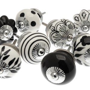Ceramic Door Knobs Hand Painted in Black and White Door Pulls for Cupboards and Chest of Drawers Set of 8